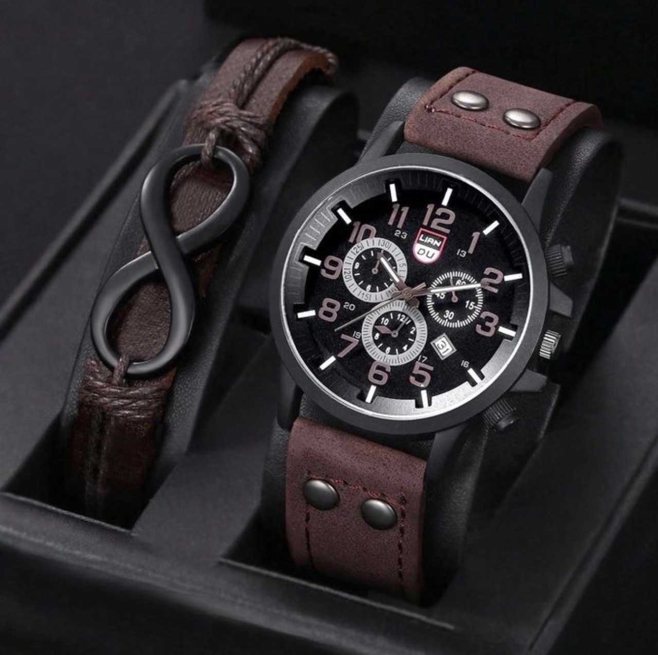 2 pieces/men's watch and bracelet set, casual leather strap, ideal gift - brown