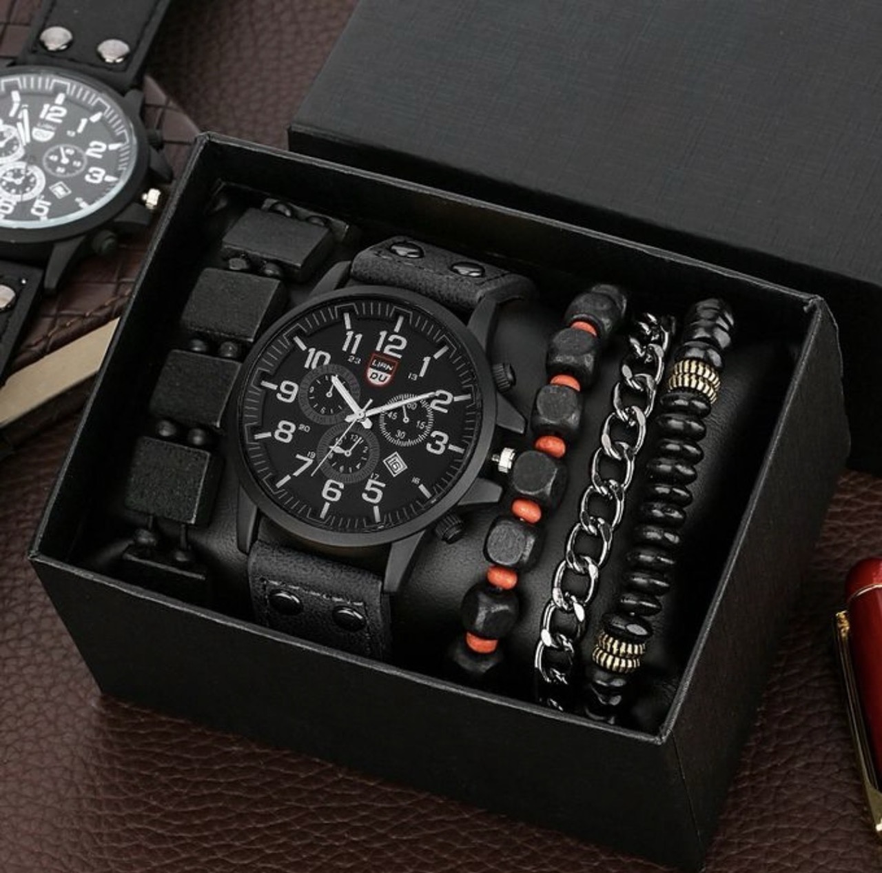 5-piece men's watch and bracelet set, watch series, paired with necklace and rin