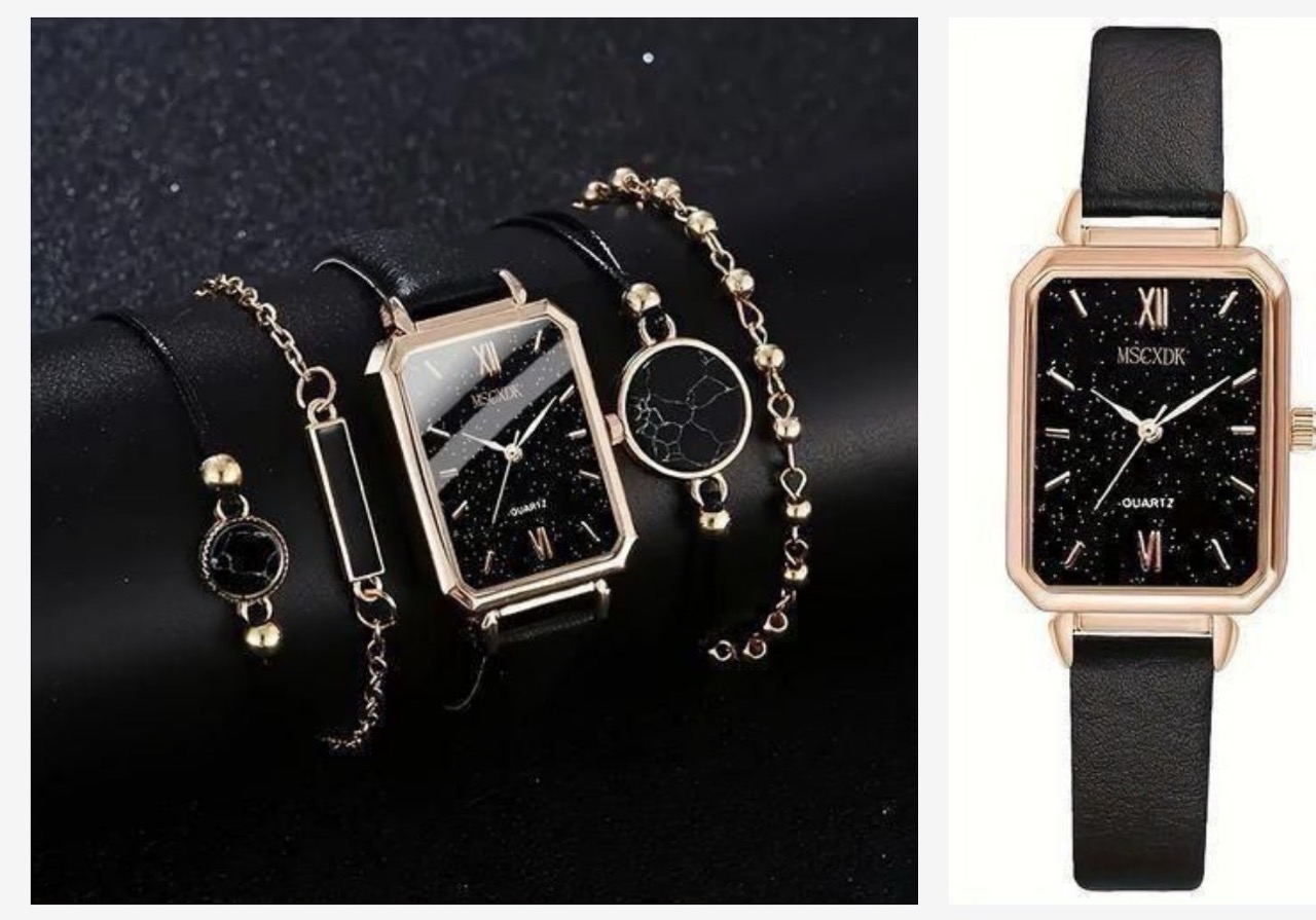 5 piece women's casual rectangle quartz watch set - analog pu leather wrist watc