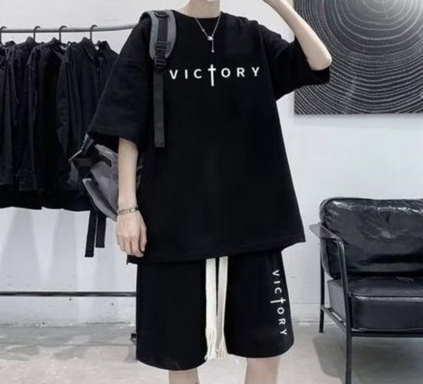 Touphy men's t-shirts short sleeve & shorts set- black