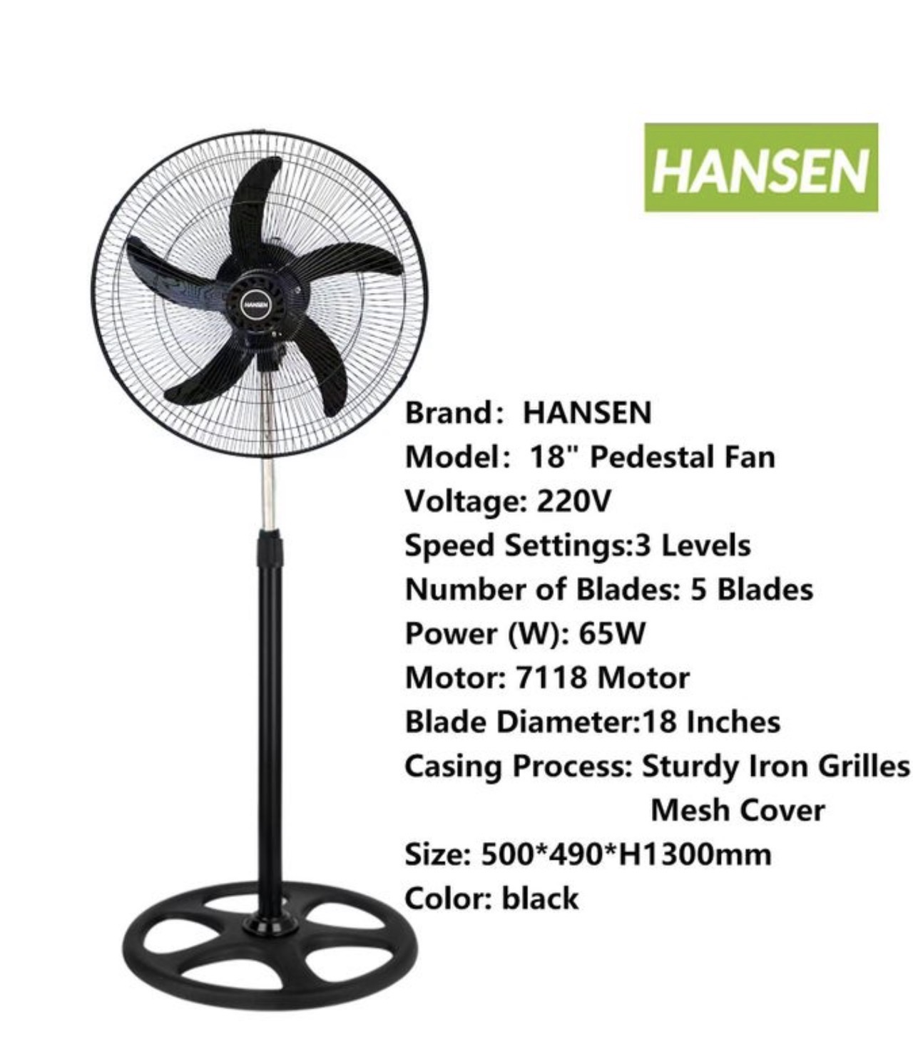 Hansen 18 inch 3-speed low noise standing fan- black