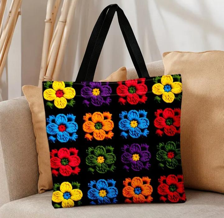 Crossbody bag |tote bag | colorful crochet floral grid print retro