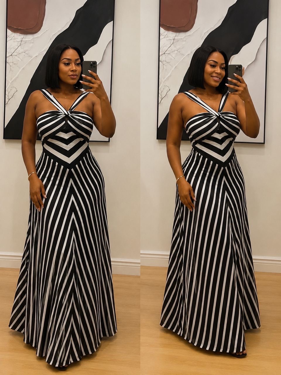 White and black lined dress