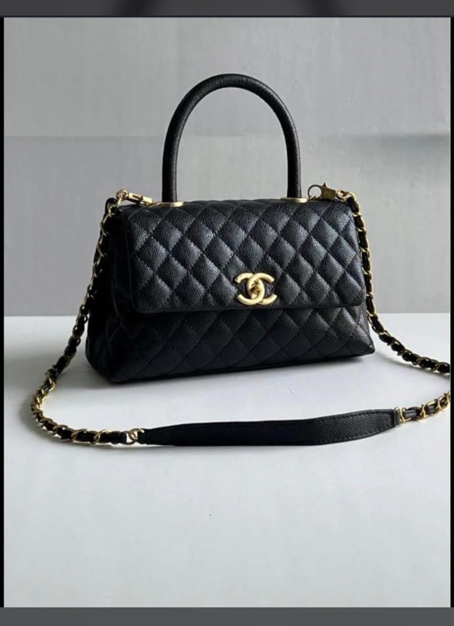 Chanelblack quilted caviar large coco top handle pale gold hardware