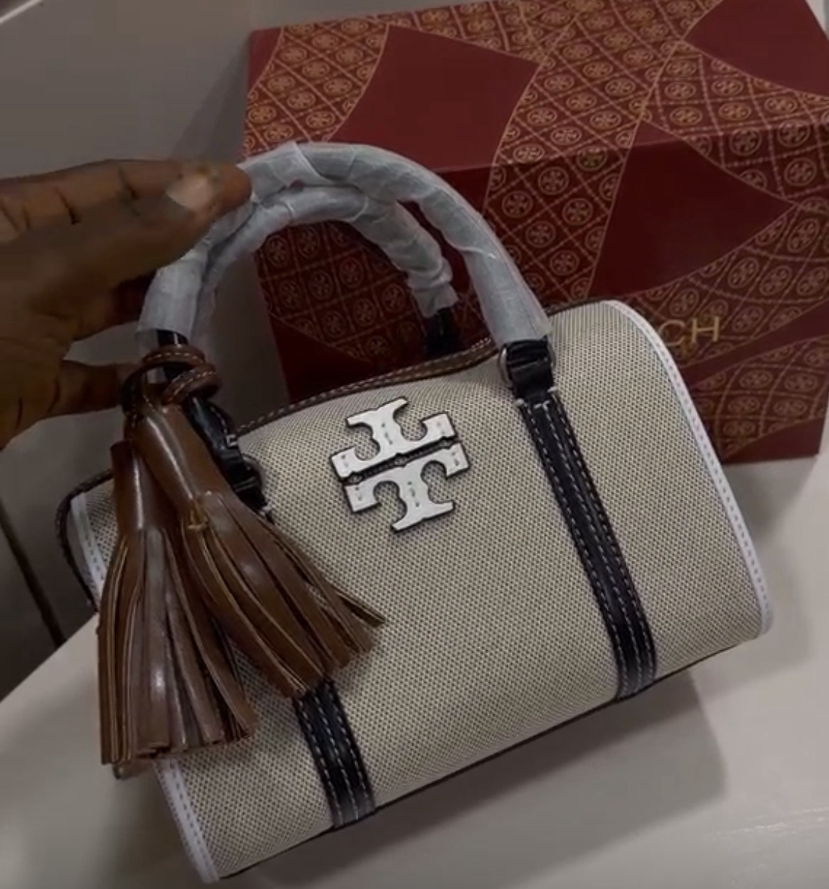 Tory burch thea mini canvas and leather satchel bag.