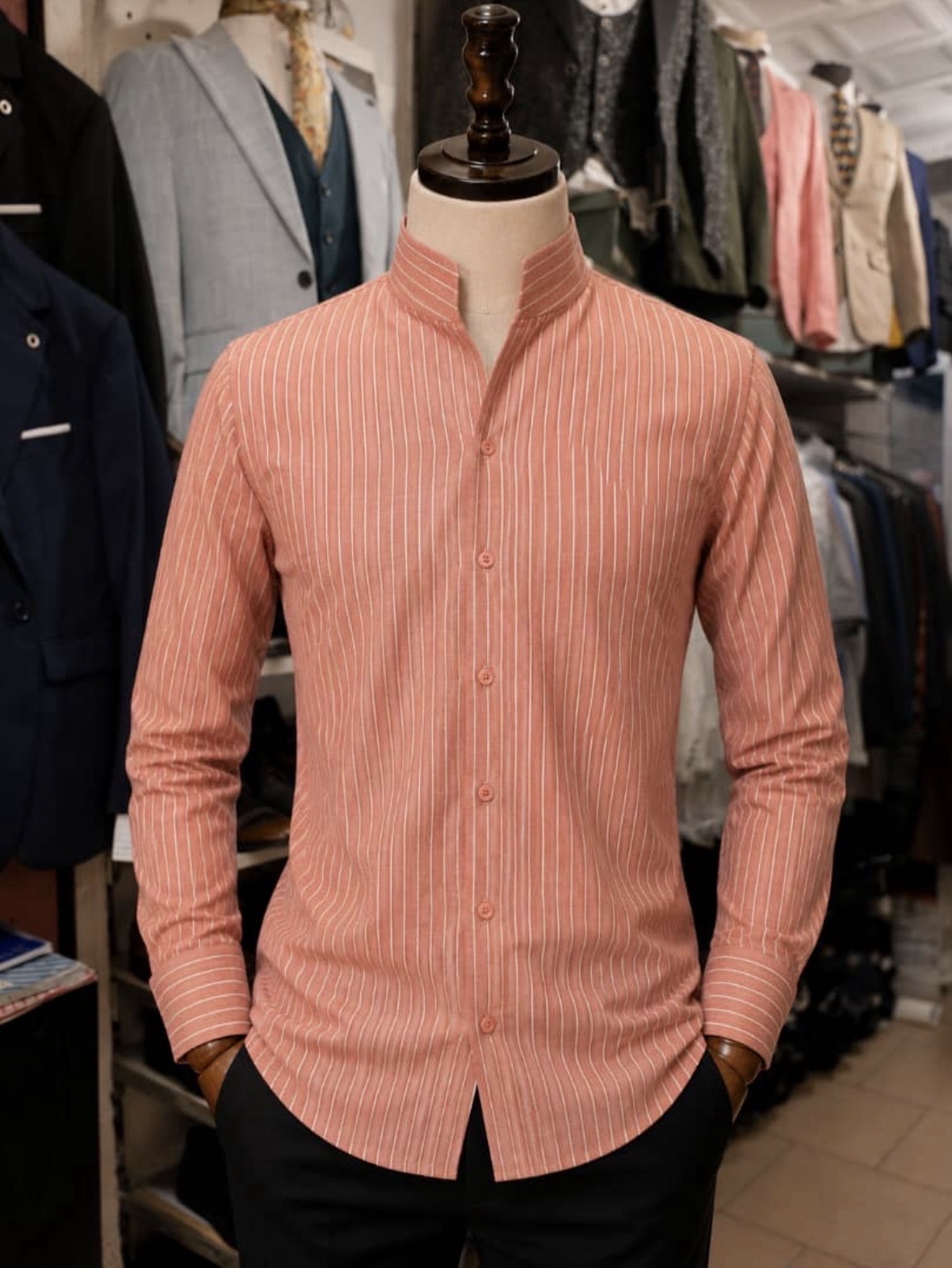 Grandad collar or band collar shirt.