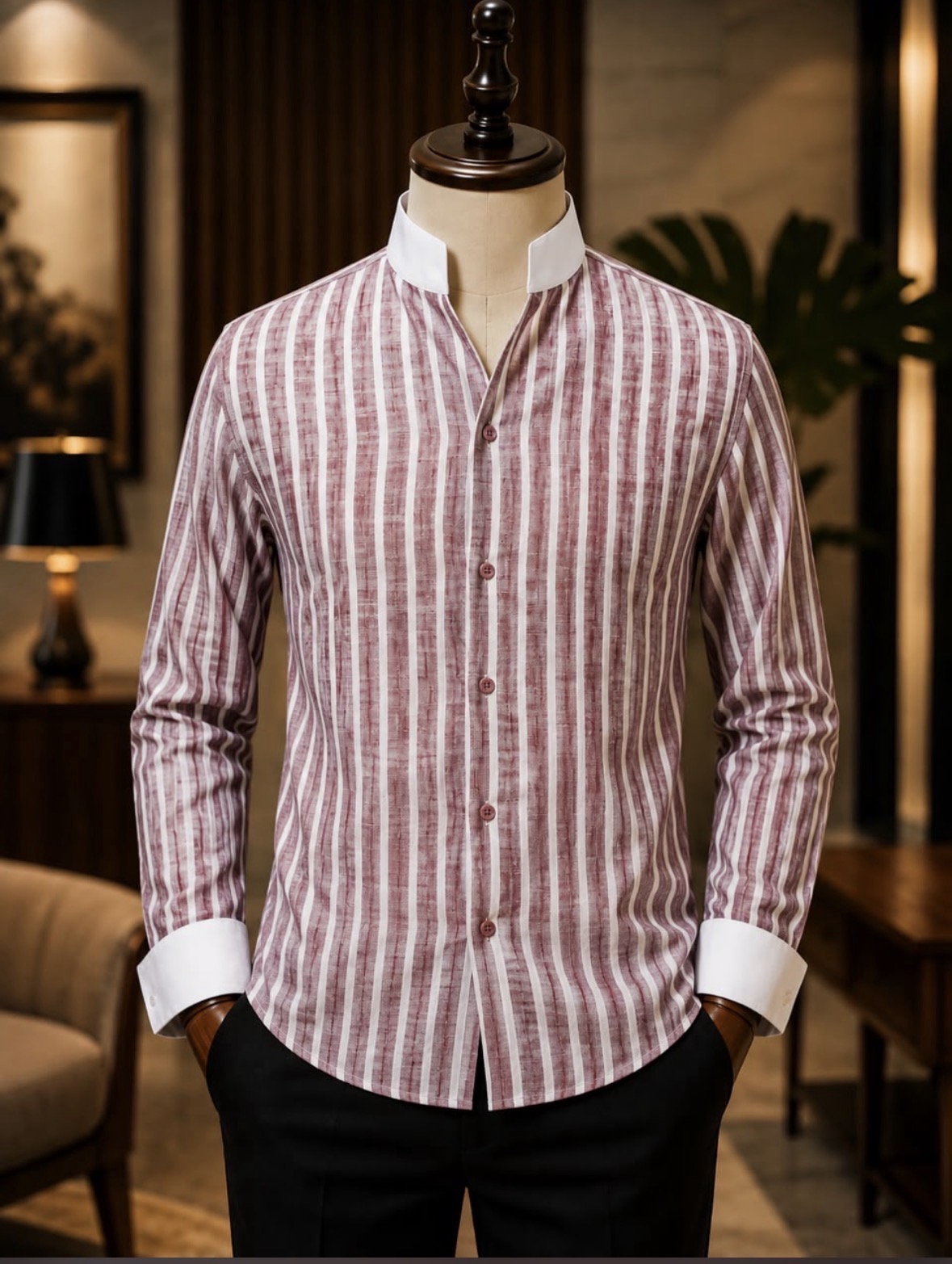 Striped mandarin collar shirt withcontrasting white cuffs and collar.