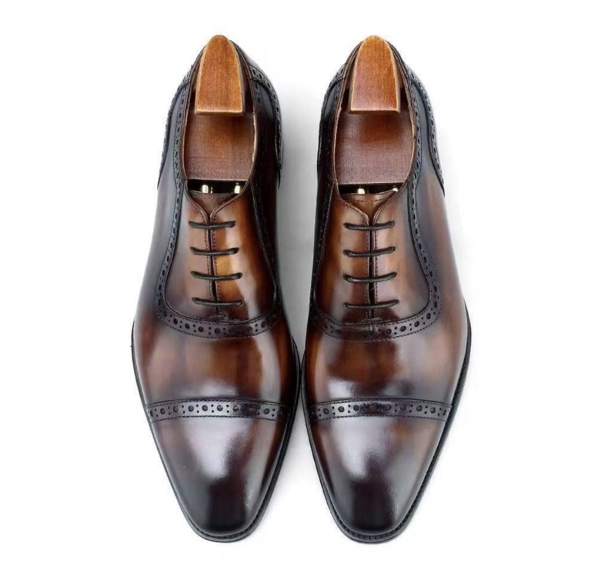 Brown leather adelaide oxford shoe featuring cap-toe and semi-brogue perforation