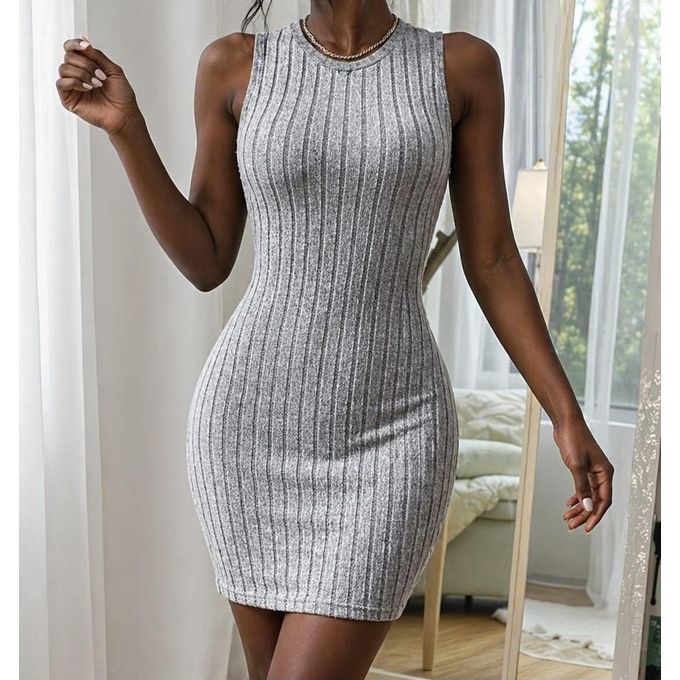 Akwa style elegant sleeveless ribbed bodycon mini dress – slim fit grey casual s