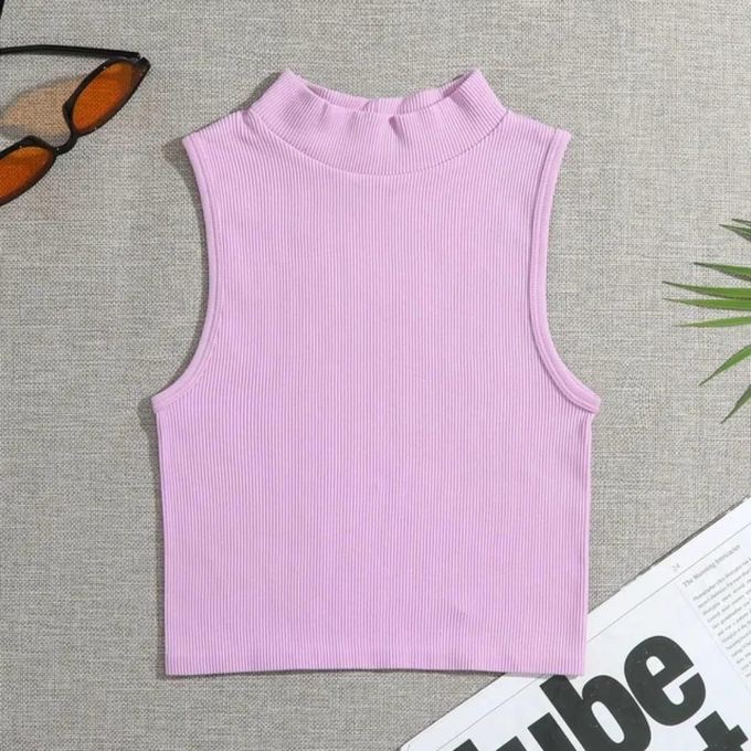 Fashion and style ribbed sleeveless mock-neck basic top, pink
