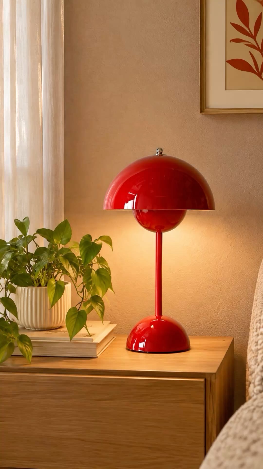 Mid-century modern mushroom dome table lamp — deep red & mustard yellow