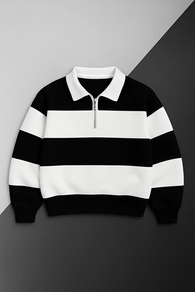 Men striped print letter patched polo neck sweatshirt