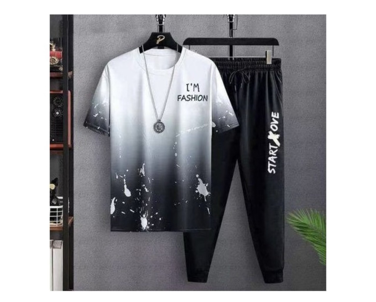 Dou-color men's 2-in-1 short sleeved t-shirt and pants set- black