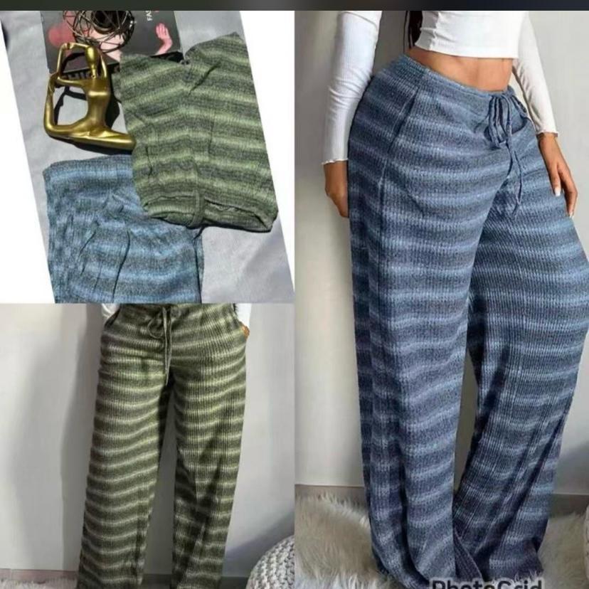 Women's casual striped. texture elastic drawstring waist pocket wide-leg pant