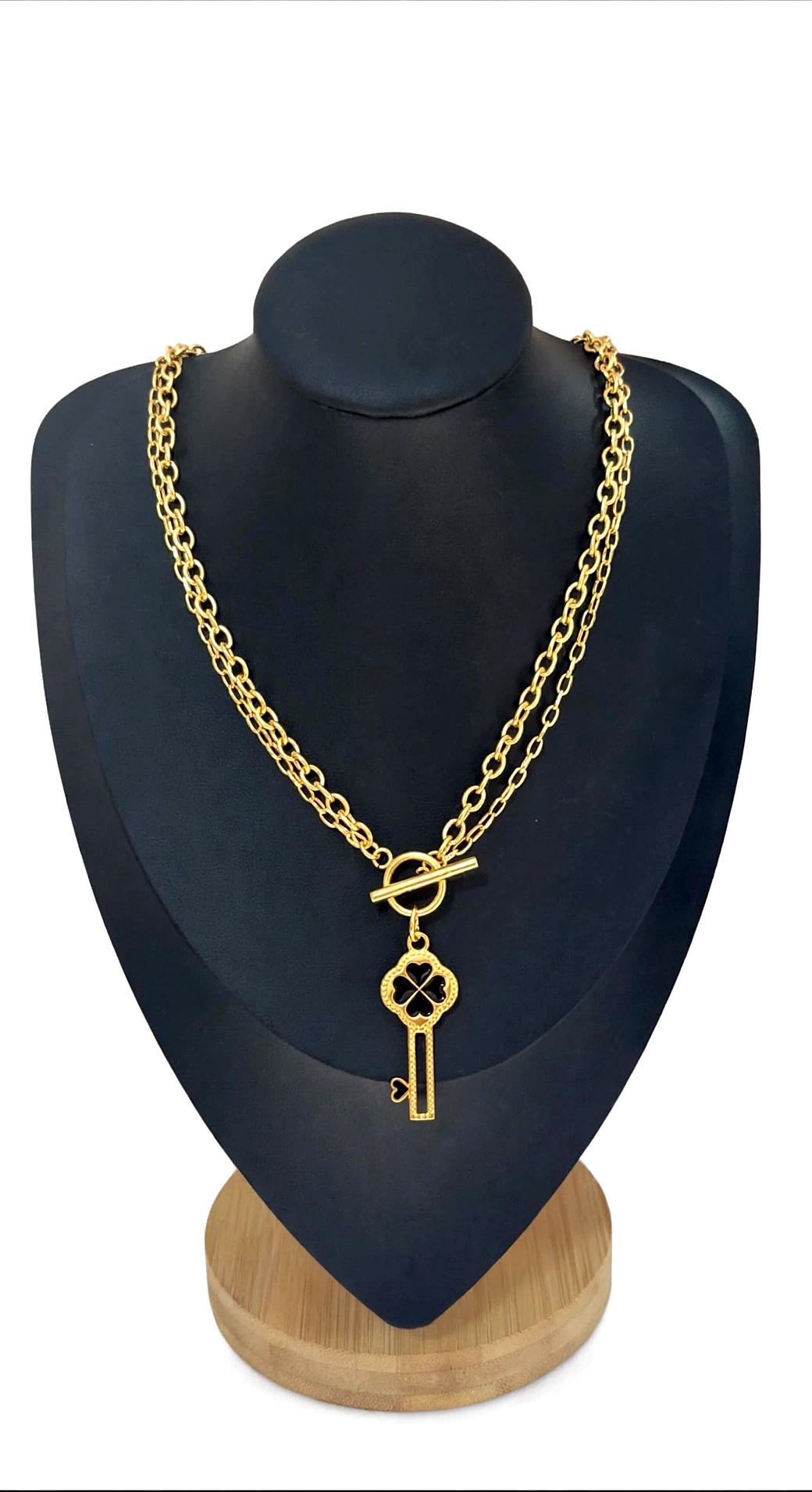 Double chain gold key necklace with clover