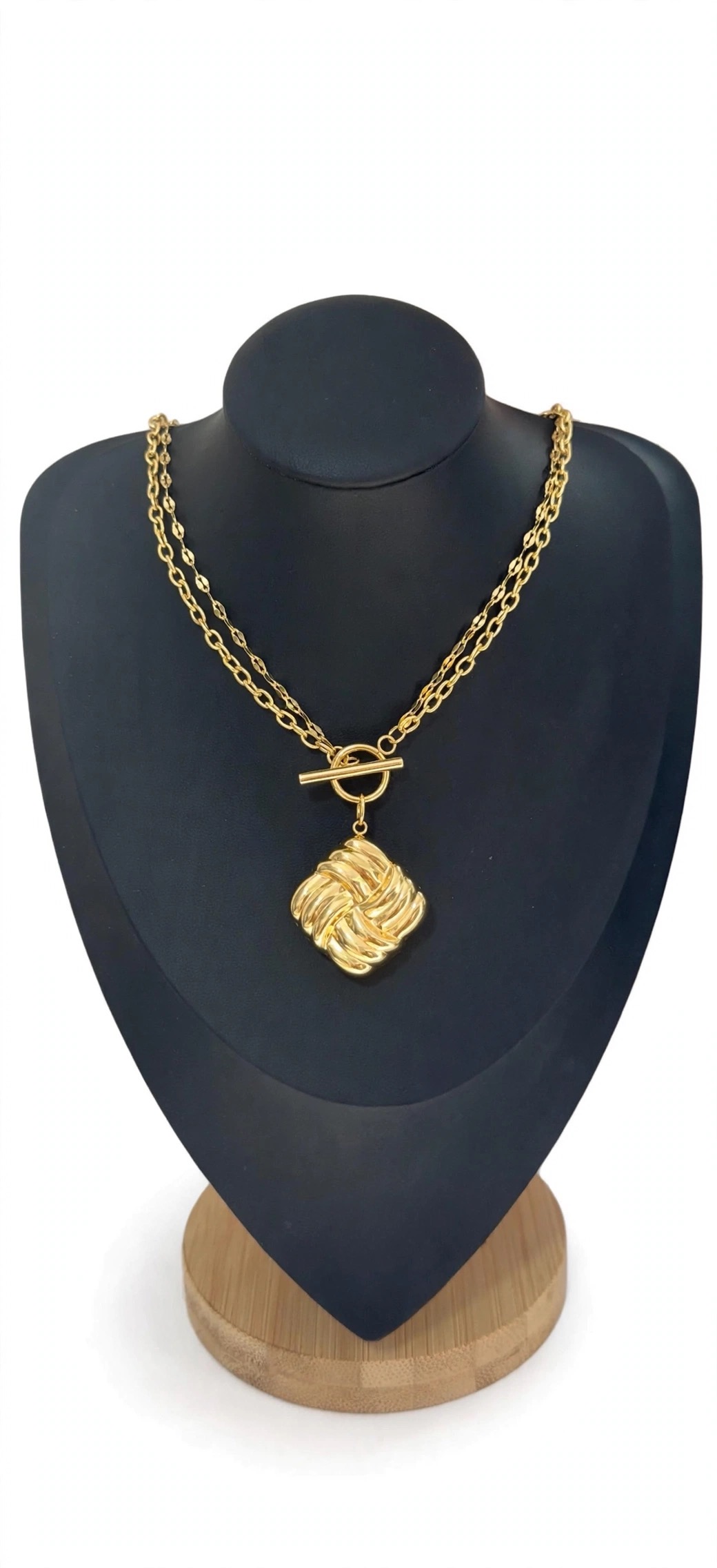 Double chain gold toggle necklace with woven square pendant