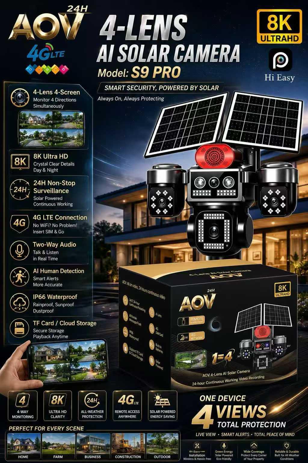 Ptz cctv aov 4 lens 4g camera with 128gb sd