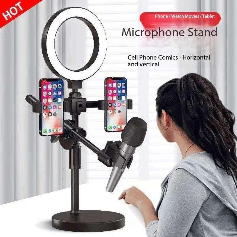 Multi-functional desktop live stream stand featuring a ring light, dual phone cl