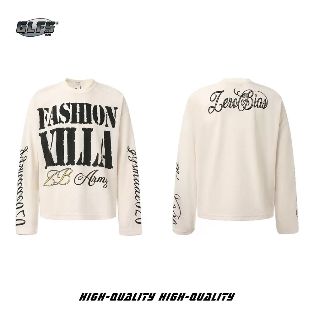 High quality retro letter print waffle long-sleeved