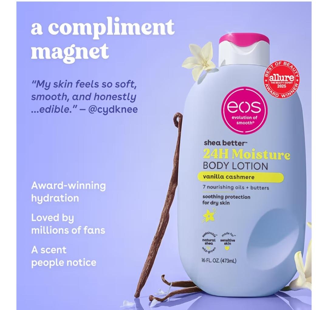 Eos vanilla cashmere body lotion shea better 24hr moisture - 16 oz/473 ml