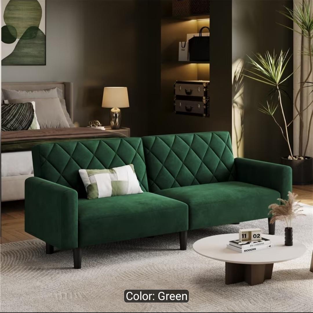 3-in-1 velvet convertible sofa bed upholstered couch with diamond tufted design