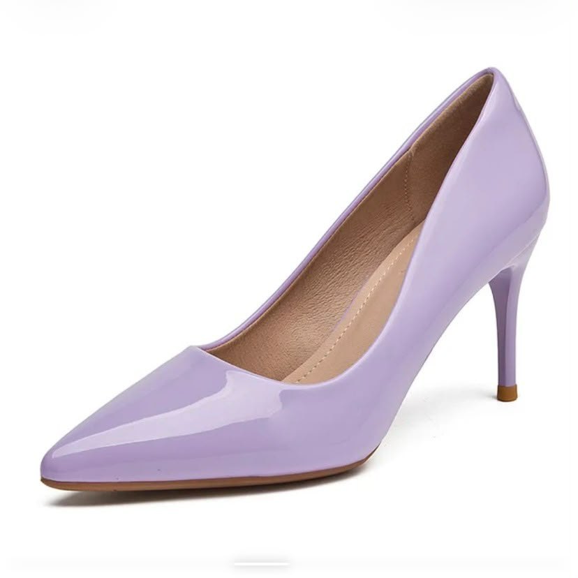 Lavender patent pointed-toe stiletto pumps