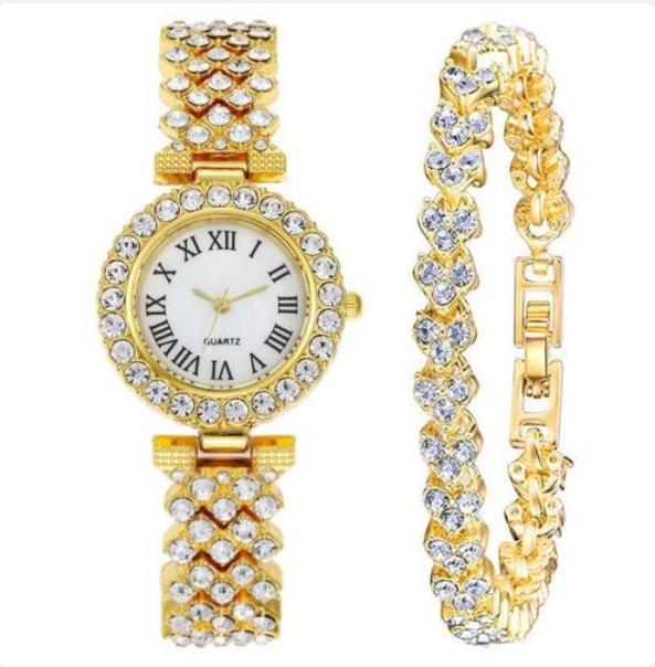 Gold watch and bracelet set