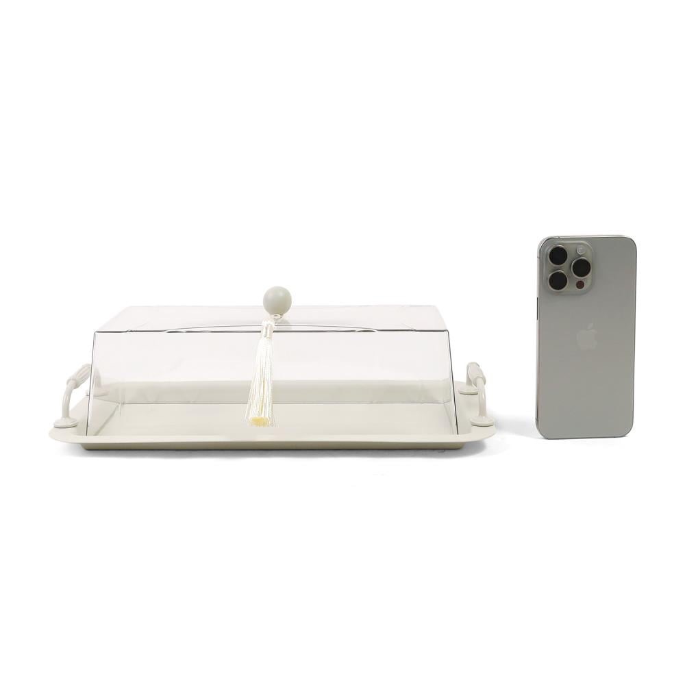 Elegant white serving tray with clear acrylic cover & tassel