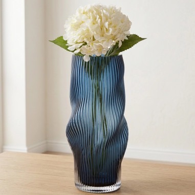 Blue ribbed wave glass vase