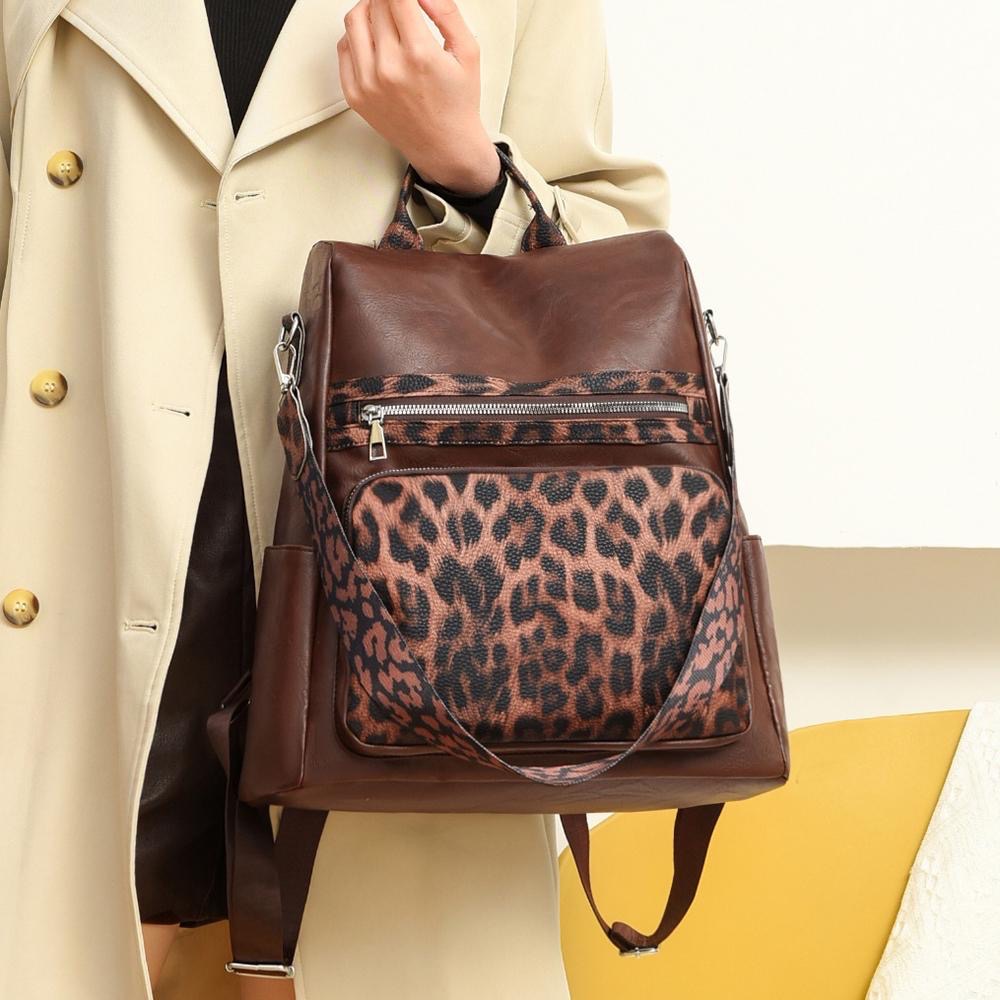 Brown leopard print backpack