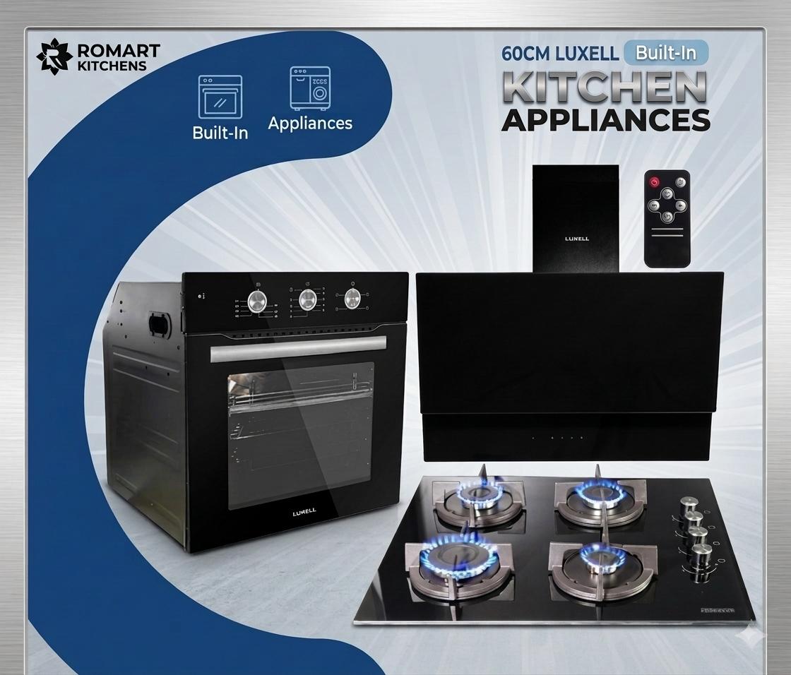 60cm inbuilt ceramic glass burner set. (oven, cooktop (hob) and heat extractor))