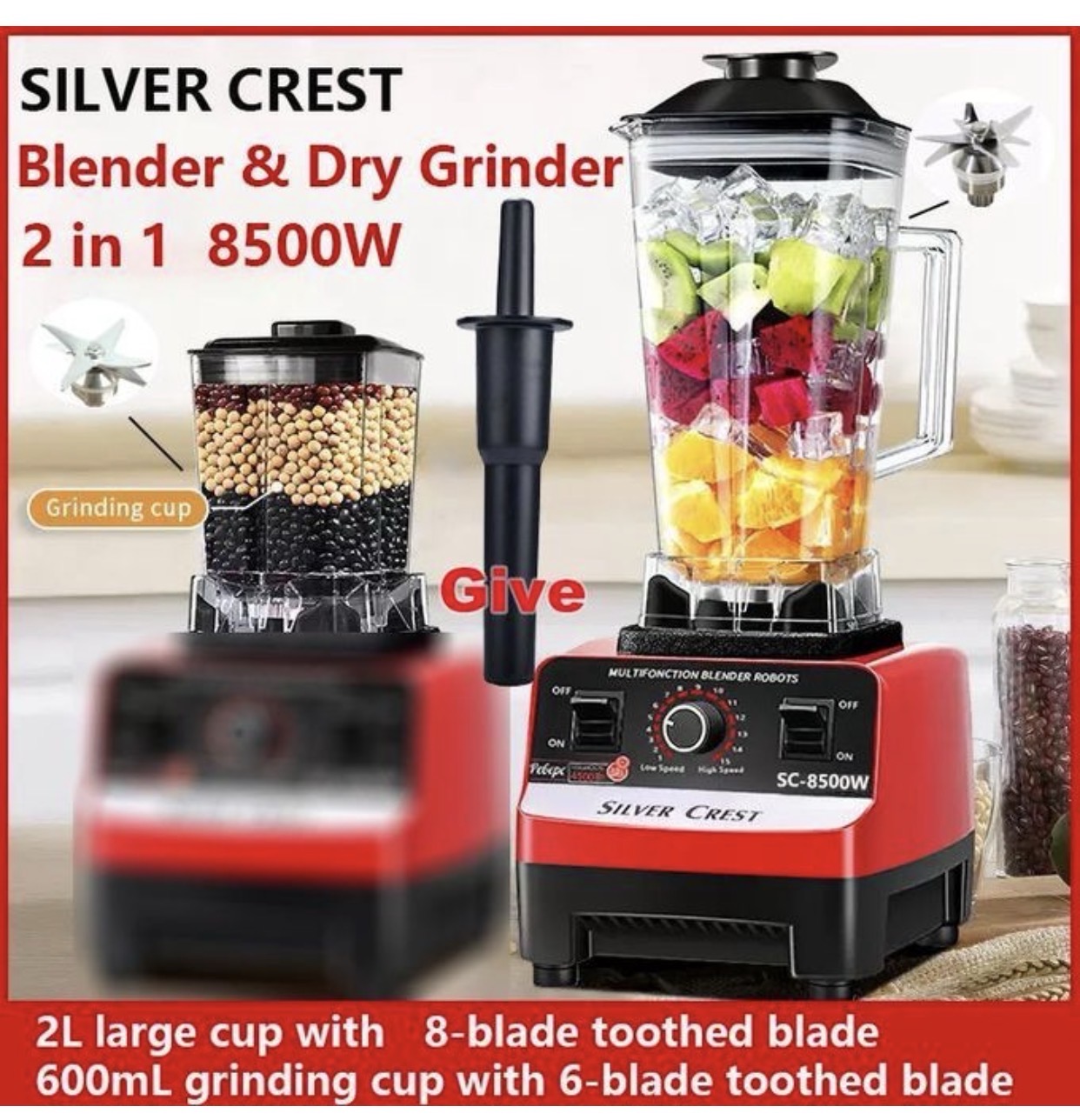 Industrial 8500w food crusher blender with 2 jar-black&red