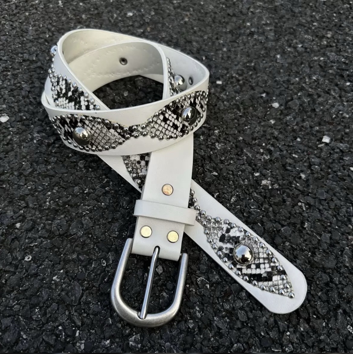 White y2k studded western belt - snakeskin / python pattern