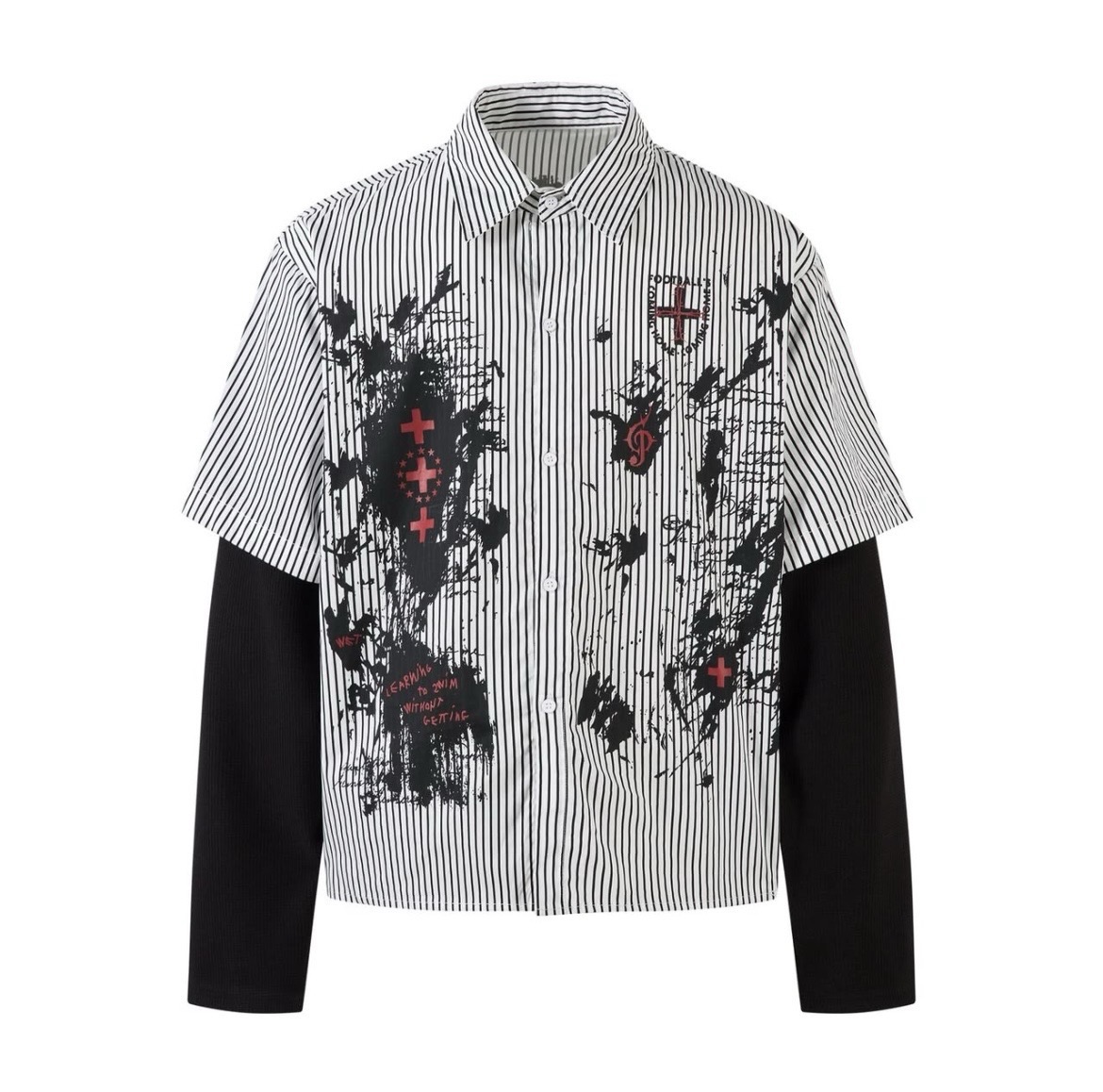 Layered faux double sleeve striped graphic shirt