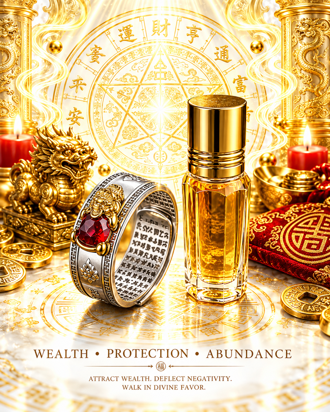 Garnet stone feng shui pixiu wealth ring with money magnet oil.