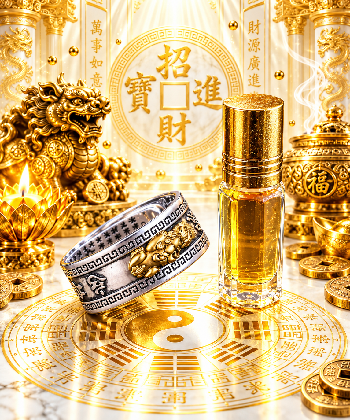 Feng shui pixiu wealth ring with money magnet oil.