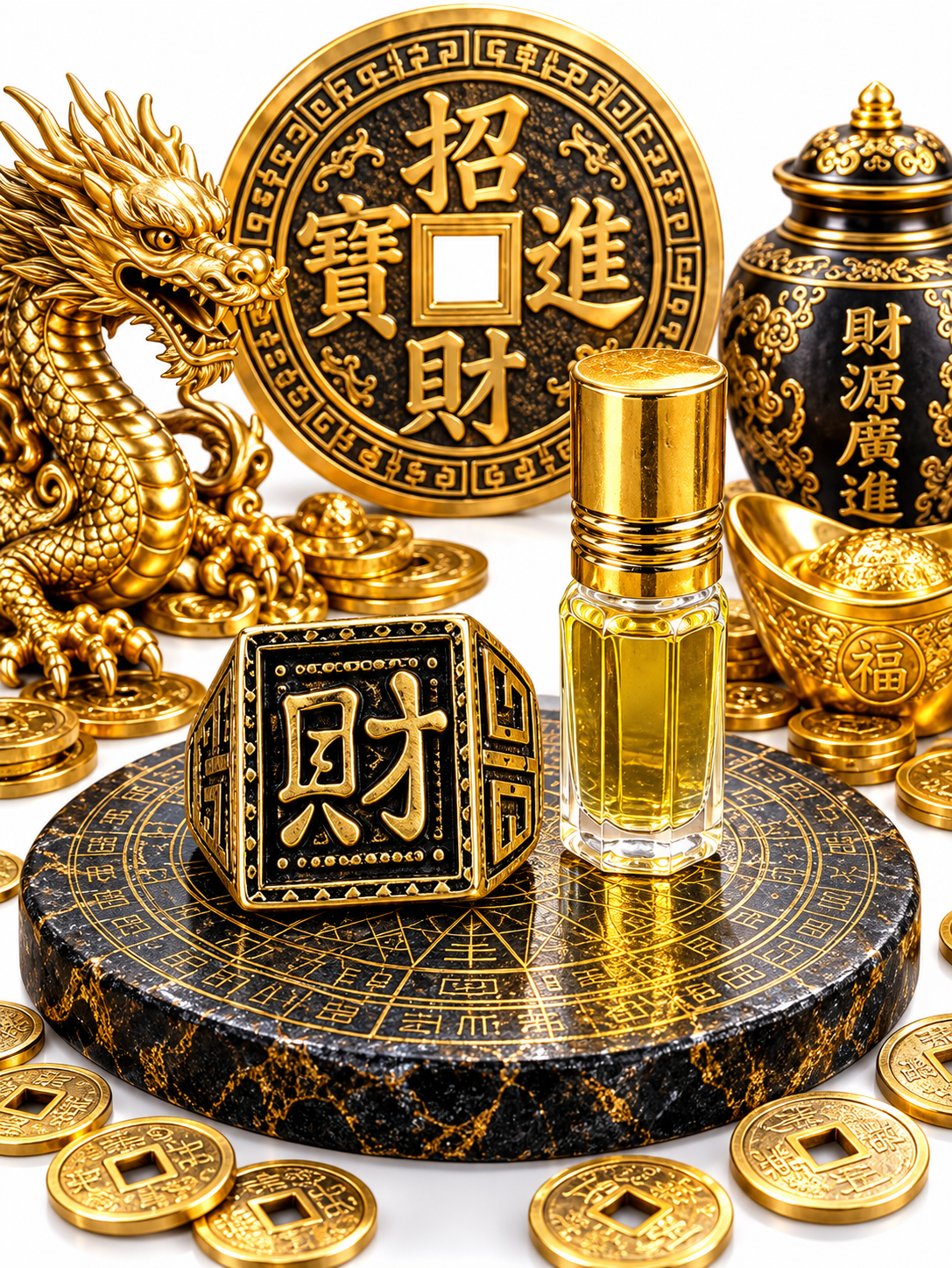 Sacred brass "cái" (wealth) signet ring, with money magnet oil.