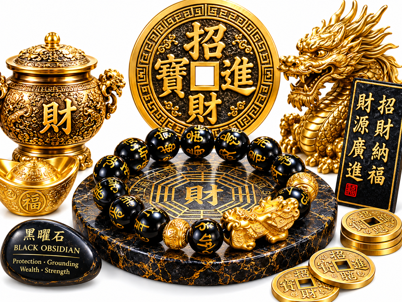 Premium gold pixiu mantra black obsidian wealth bracelet