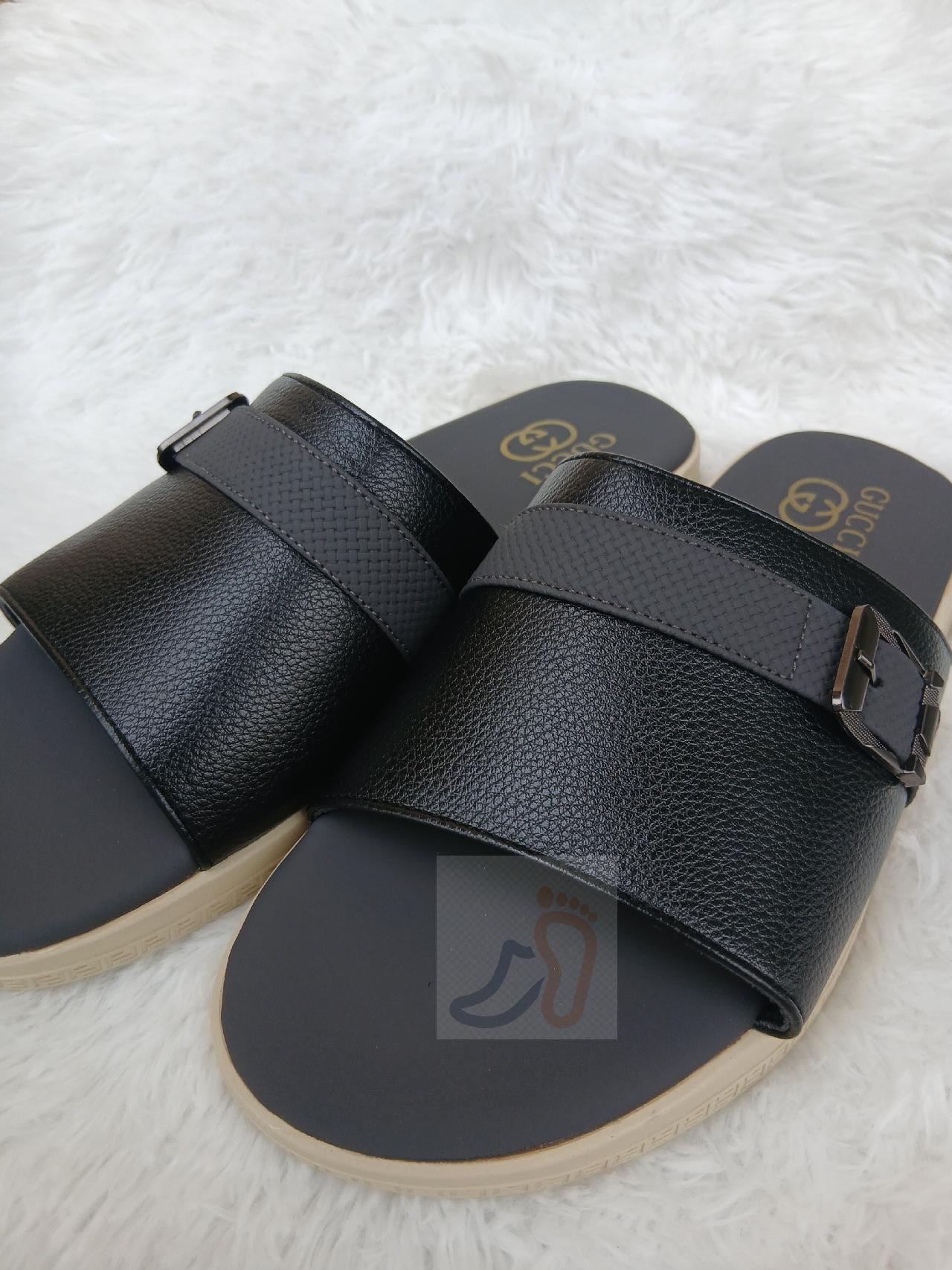 Men's black premium leather cover slides - buckle slippers