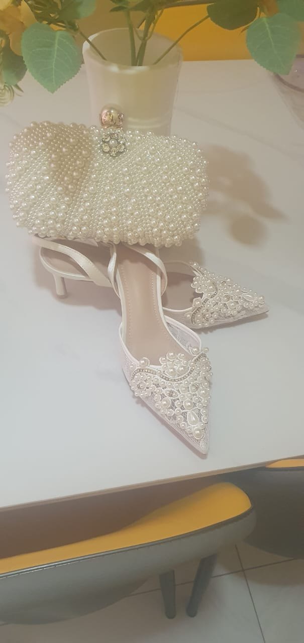 Pearl & crystal bridal shoe and clutch set.
