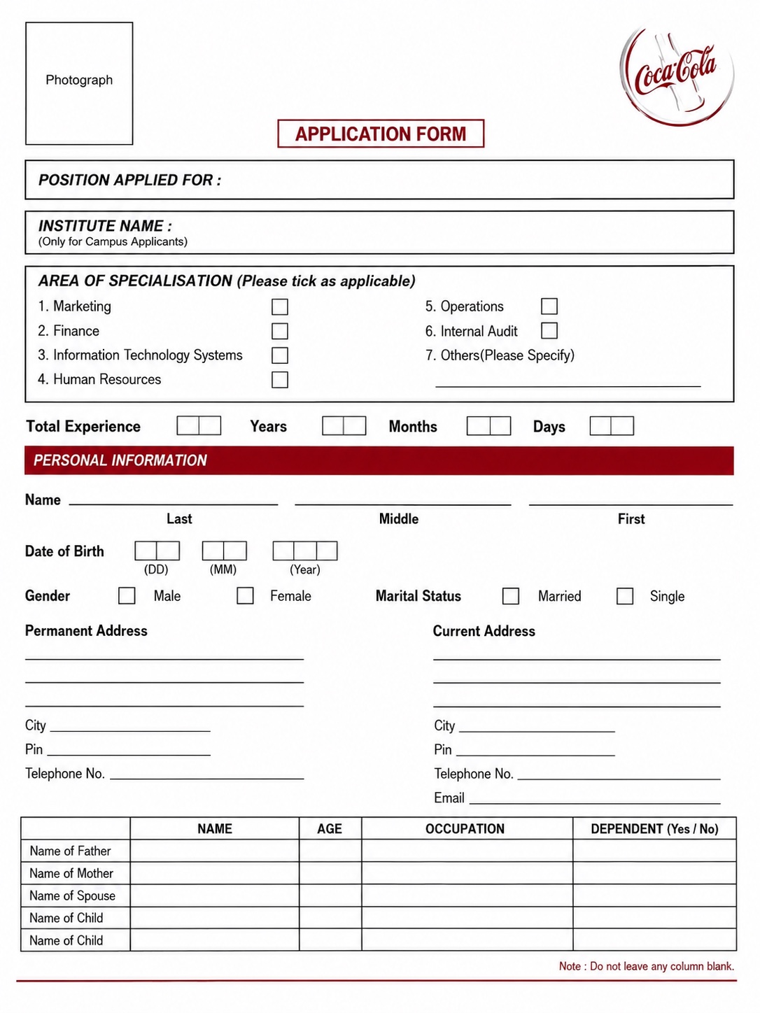 Coca cola application form