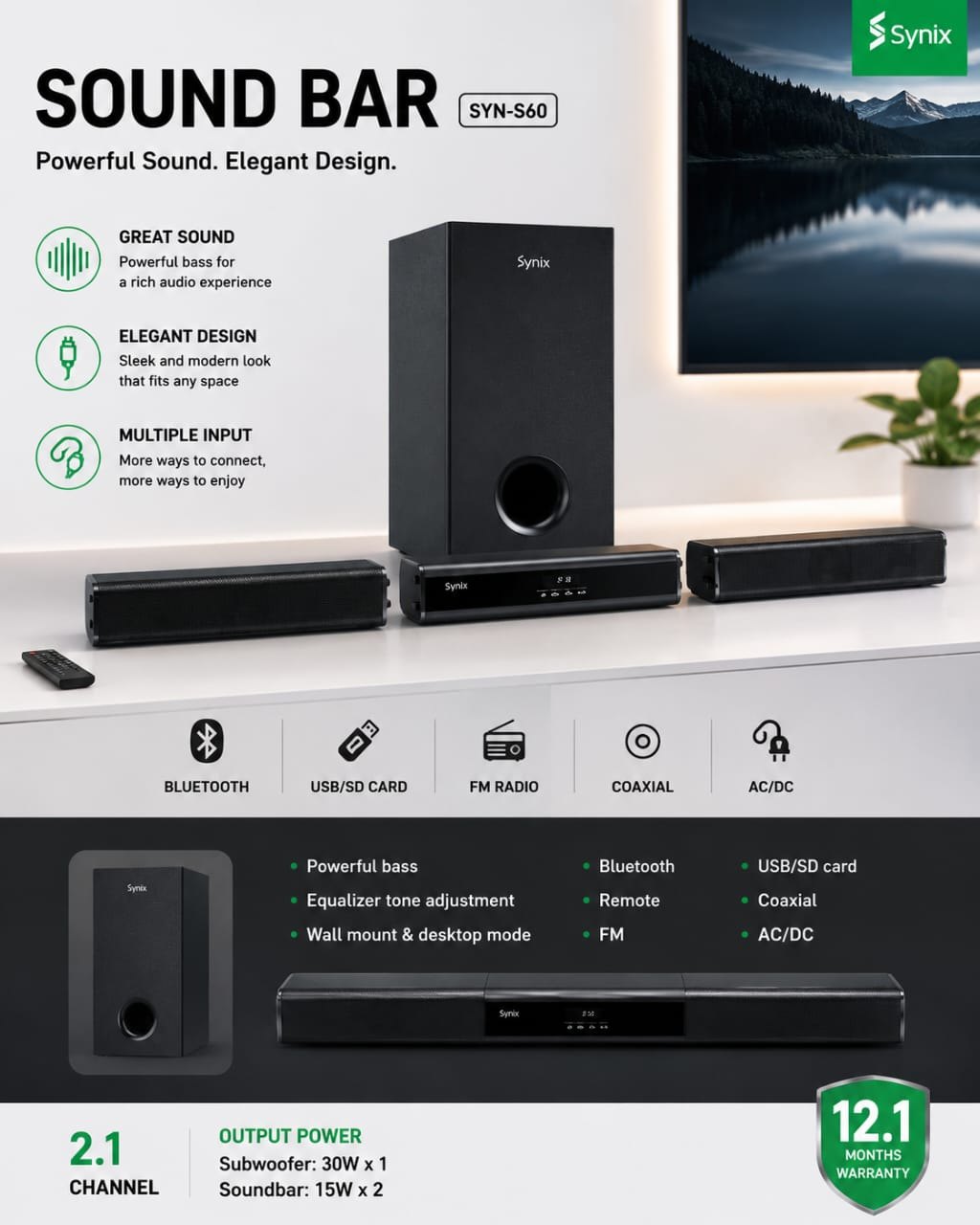 Syinix soundbar 60watts