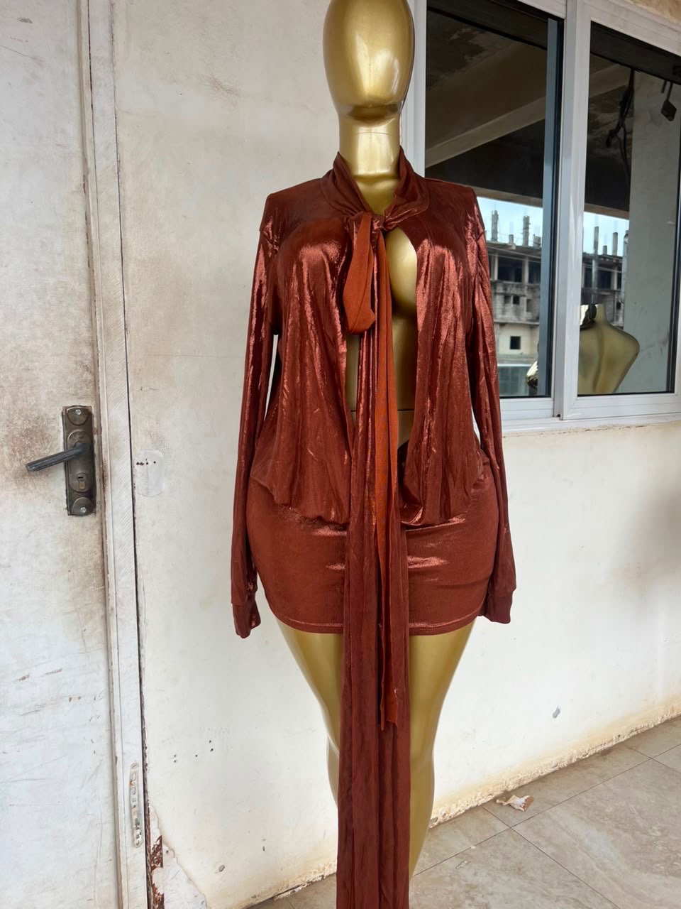Bronze goddess draped mini set (sounds luxurious and elevated)
