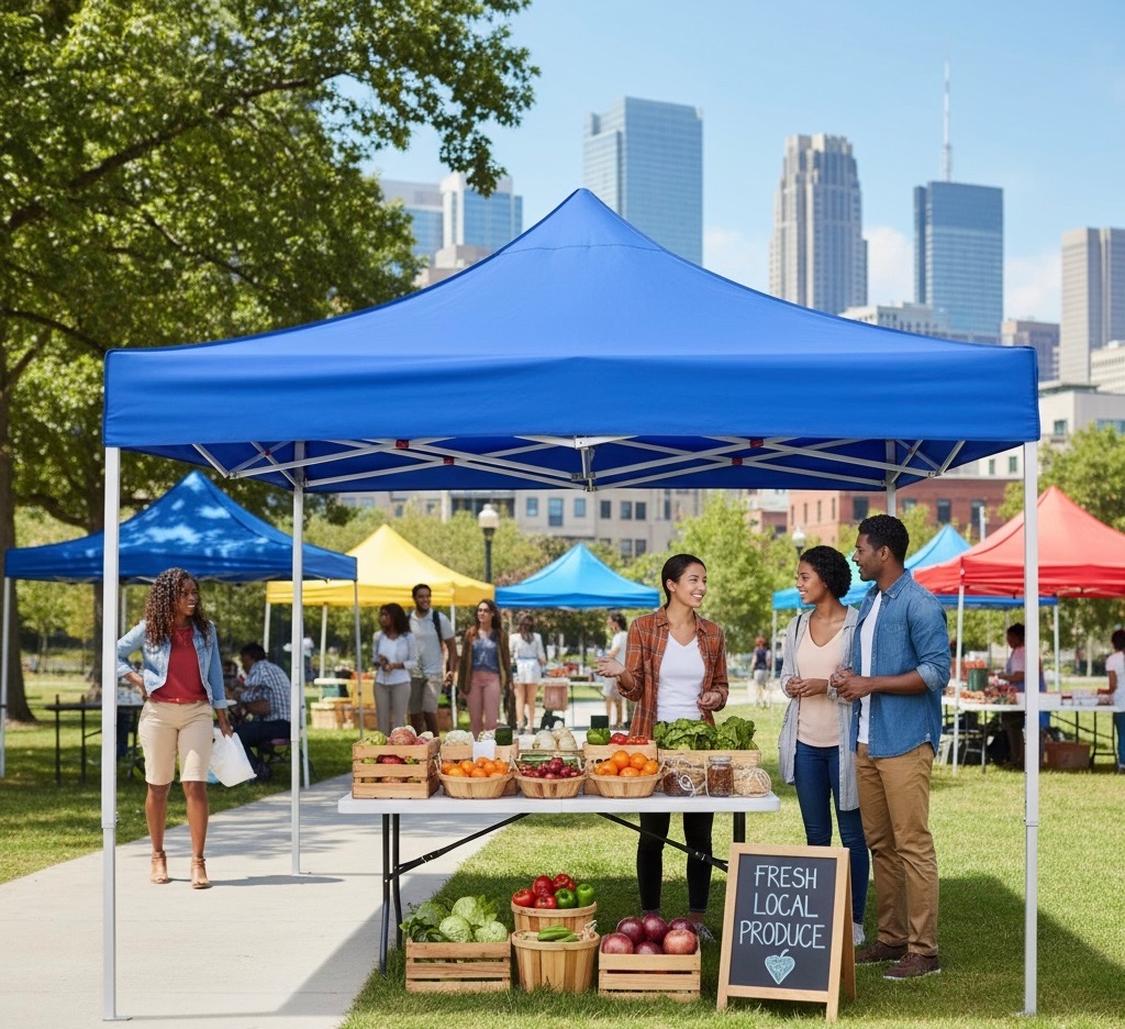 Foldable 10ft by 10ft canopy tent with adjustable height