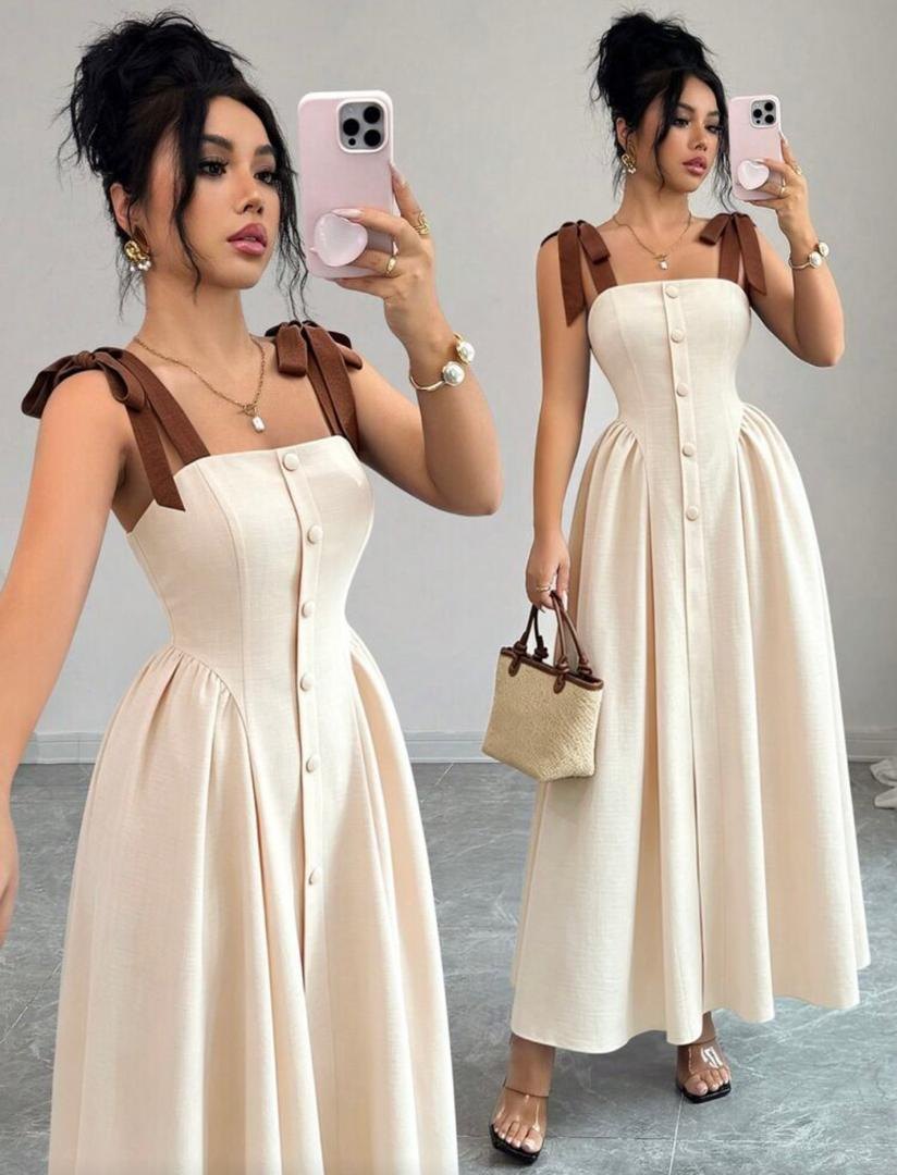 Elenzga shoulder strap tie up textured dual tone women's long dress