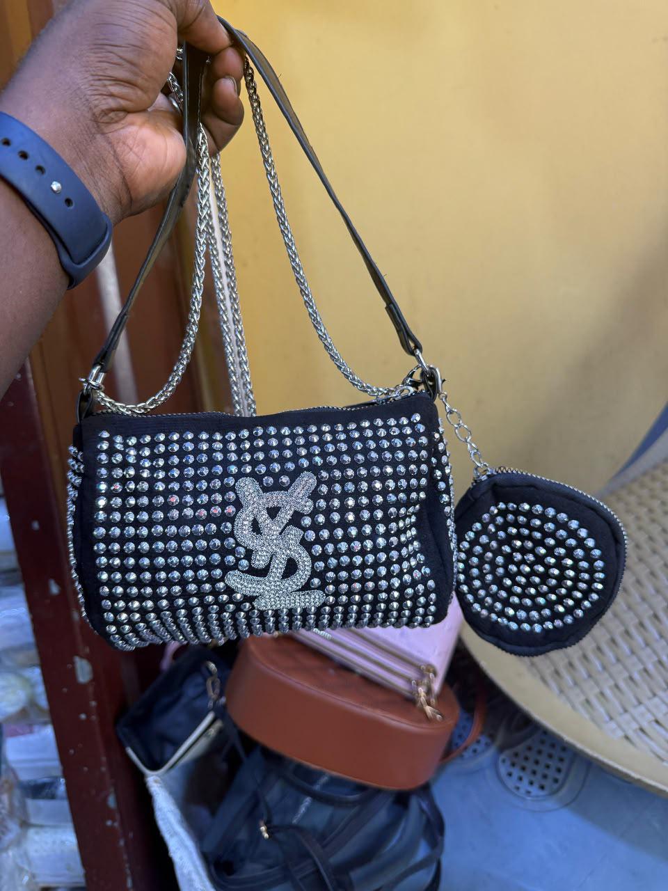 Rhinestone studded shoulder/crossbody bag with round coin pouch