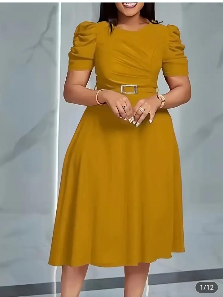 Mustard yellow puff-sleeve midi dress